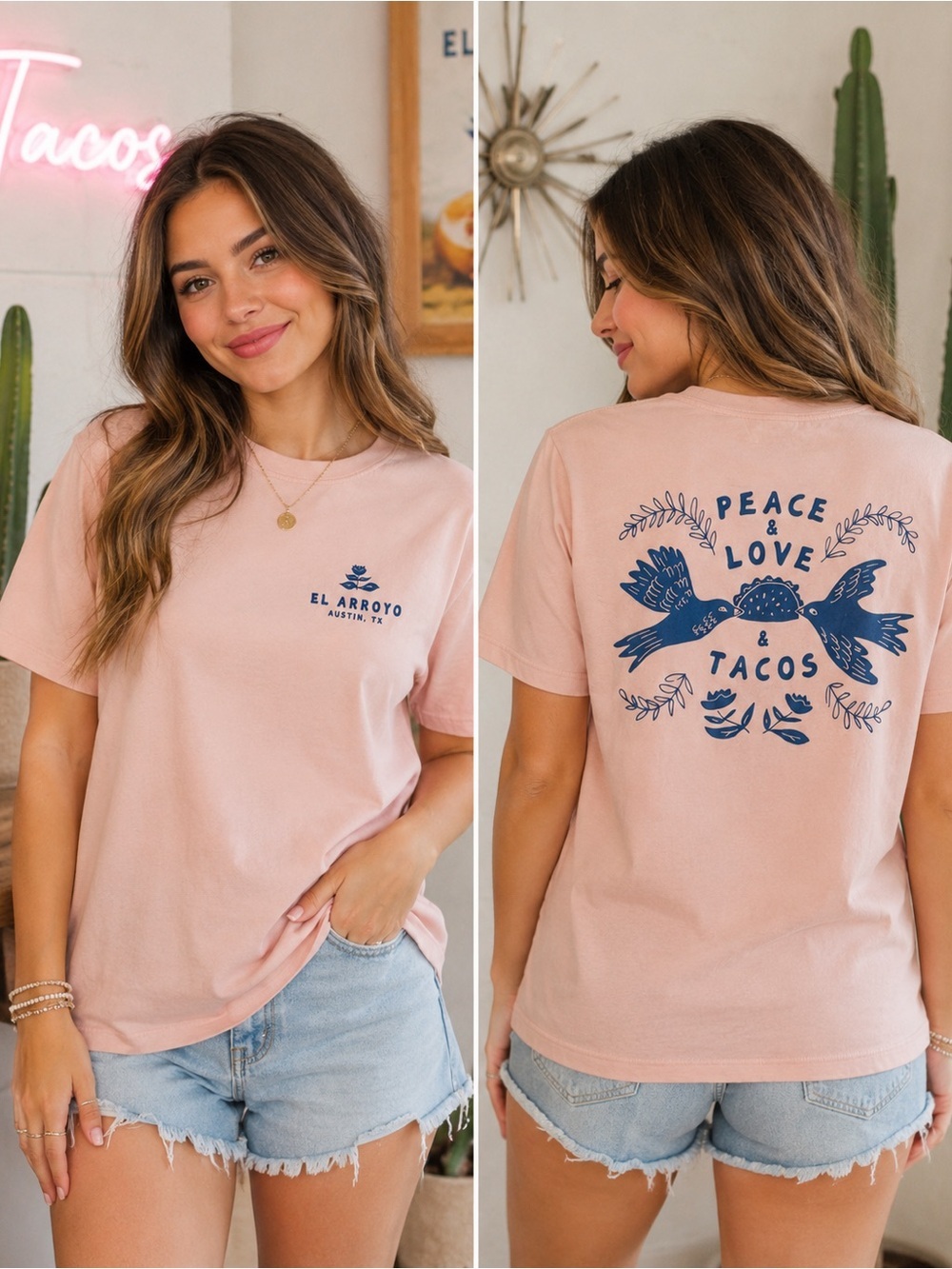 El Arroyo Pink 'Peace & Love & Tacos' Graphic Tee 100 % cotton